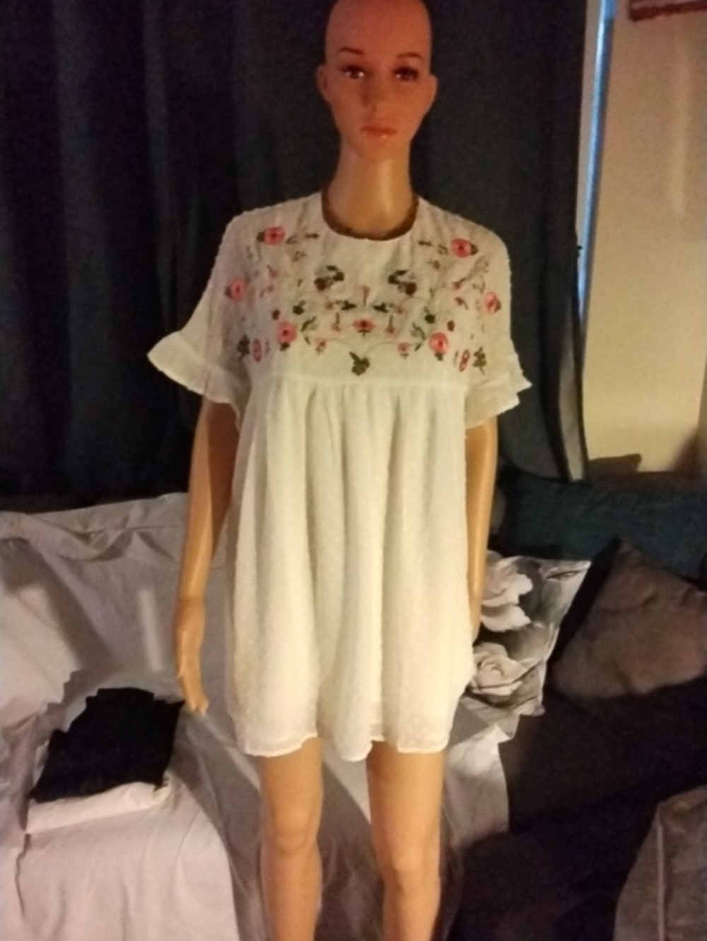 White Embroidered Short Mini Dress with Floral Yoke